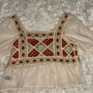 Embroidered Crochet Sheer Sleeve Top